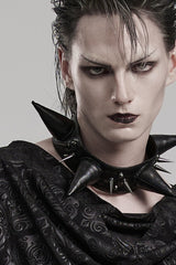 Black Cracked Leather Metal Nail Decoration Men's Steampunk Pointed Choker - Product - 4