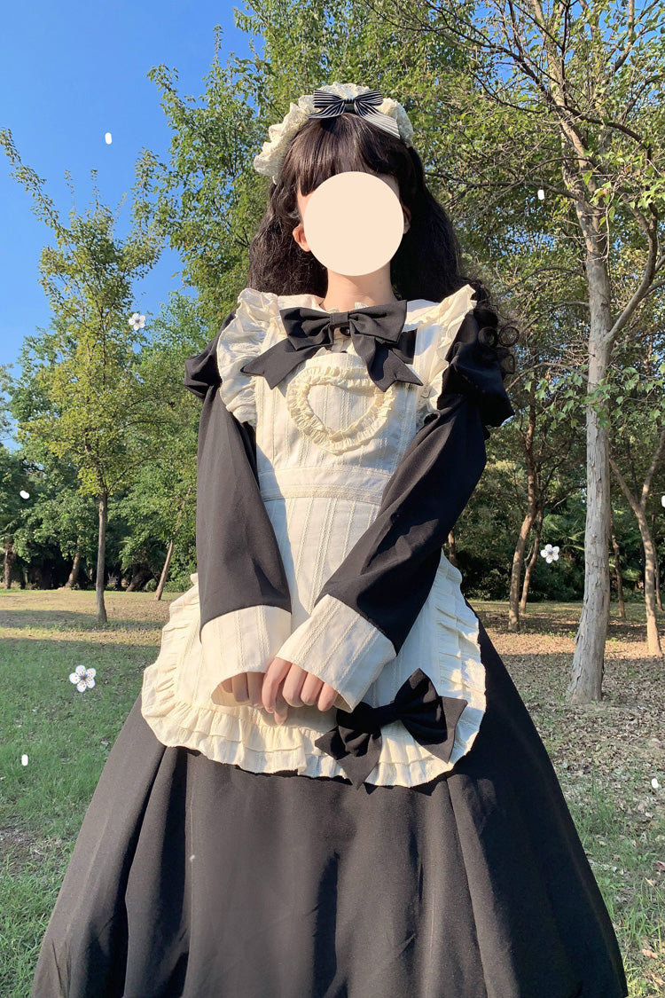 Black/White Maid Long Sleeves Ruffle Bowknot Stitching Sweet Long Lolita Dress - Product - 4