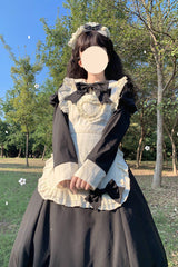 Black/White Maid Long Sleeves Ruffle Bowknot Stitching Sweet Long Lolita Dress - Product - 4