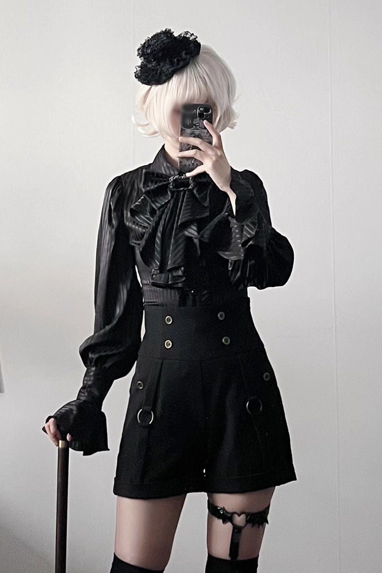 Moonstone Lapel Collar Long Sleeves Vertical Striped Print Ruffle Ouji Gothic Prince Lolita Blouse 3 Colors - Product - 6