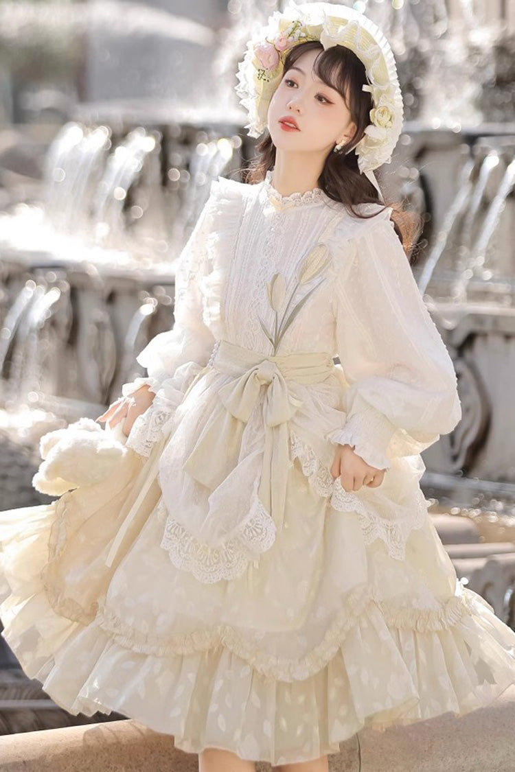 Ivory Stand Collar Long Sleeves Print Ruffle Sweet Princess Lolita Dress - Product - 4