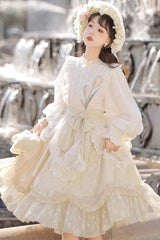 Ivory Stand Collar Long Sleeves Print Ruffle Sweet Princess Lolita Dress - Product - 4
