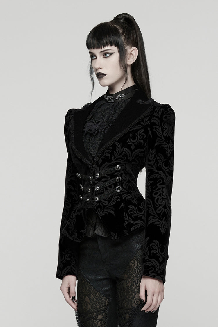 Black Lapel Collar Long Sleeves Lace-Up Zipper Women's Punk Coat - Product - 2