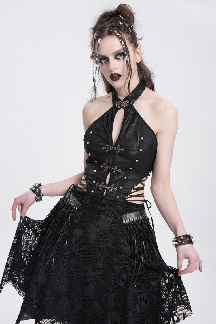 Black Halterneck Sleeveless Skull Print Irregular Women's Punk Dress - Product - 7