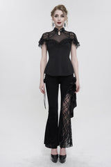 Black Chinese Style V-Neck Nail Drill Chest Stitching Mesh Raglan Sleeves Gothic Cheongsam Style Women's Slim T-Shirt - Product - 3