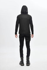 Black Collar Metal Button Irregular Striped Patchwork Bandage Hooded Men's Punk T-Shirt - Product - 6