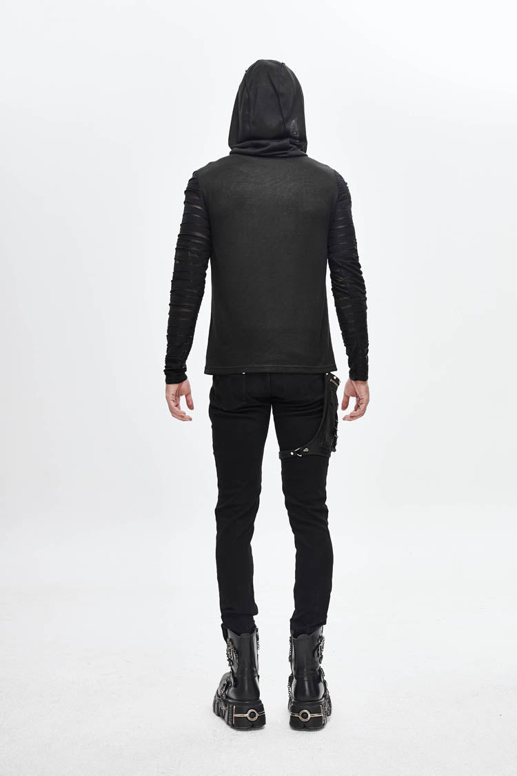 Black Collar Metal Button Irregular Striped Patchwork Bandage Hooded Men's Punk T-Shirt - Product - 6