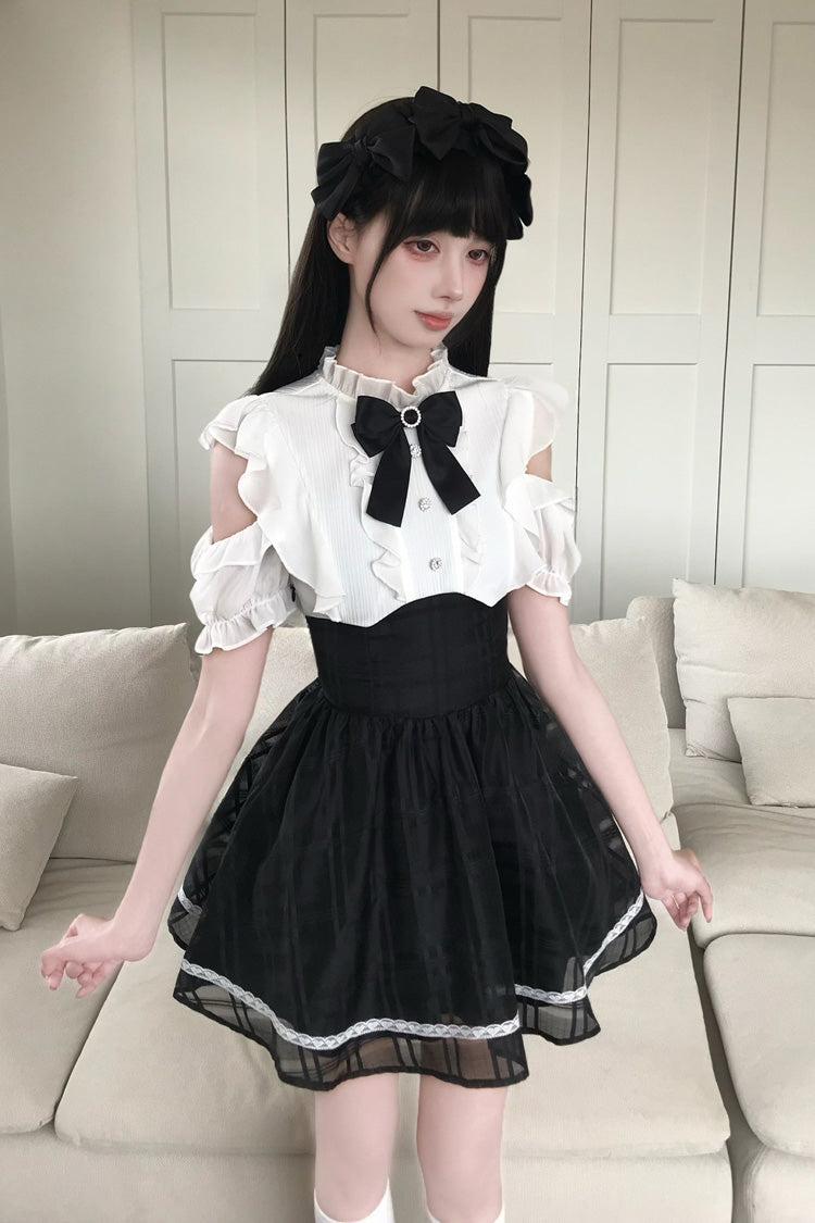 Black/White [Moonlit Poem] Stand Collar Off Shoulder Short Sleeves High Waisted Ruffled Bow Lace Sweet Princess Lolita Dress - Product - 2