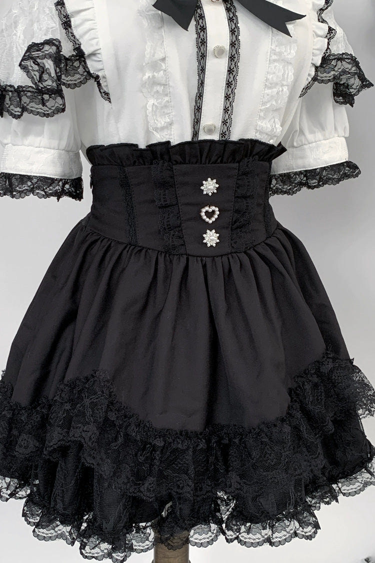 Jirai Kei Sweet Double-Layered Jacquard Ruffled Lace Japanese Skirt Set 2 Colors - Black(Skirt-Only) - 12