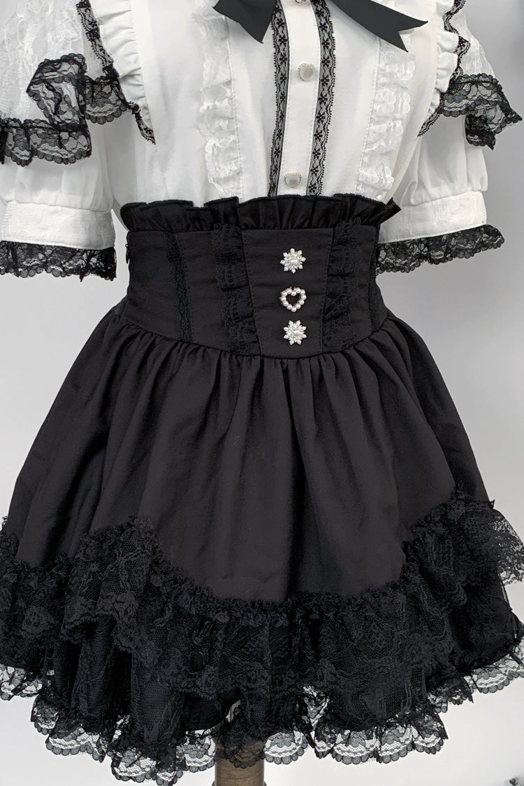 Jirai Kei Sweet Double-Layered Jacquard Ruffled Lace Japanese Skirt Set 2 Colors - Black(Skirt-Only) - 12