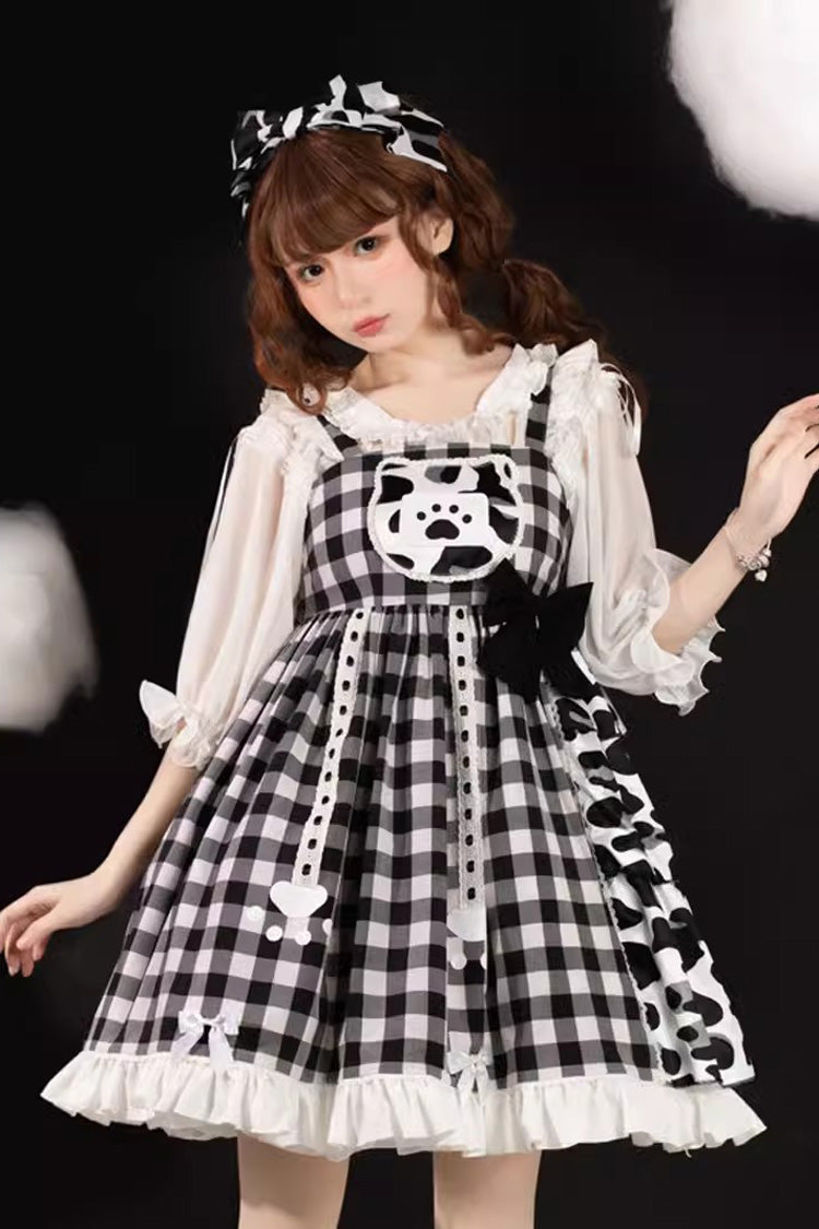 Black/White Plaid Print Cow Ruffle Bowknot Cat Claw Planet Sweet Lolita Jsk Dress - Product - 4