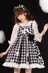 Black/White Plaid Print Cow Ruffle Bowknot Cat Claw Planet Sweet Lolita Jsk Dress - Product - 4