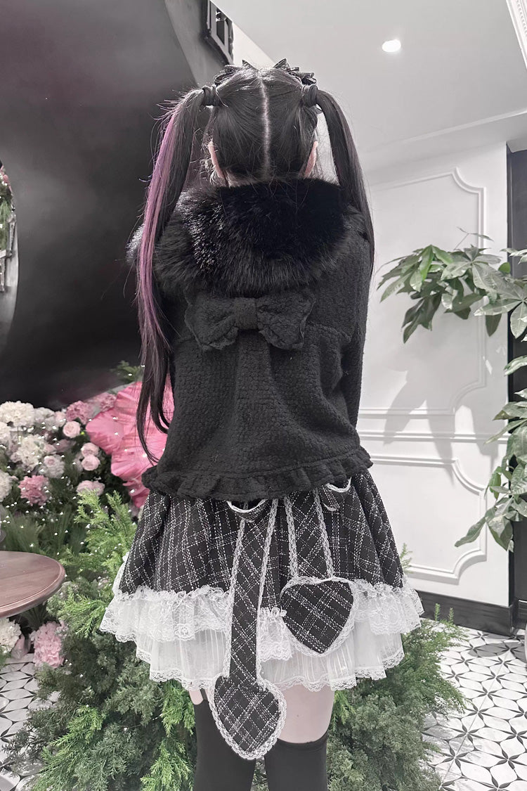 Black Long Sleeves Bow Sheep Wool Gothic Jirai Kei Japanese Short Coat - Product - 8