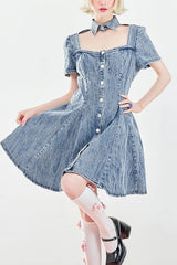 Blue Short Sleeves Single Breasted Ruffled Denim Sweet Lolita OP Dress - Blue - 1