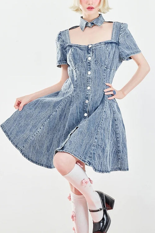 Blue Short Sleeves Single Breasted Ruffled Denim Sweet Lolita OP Dress - Blue - 1