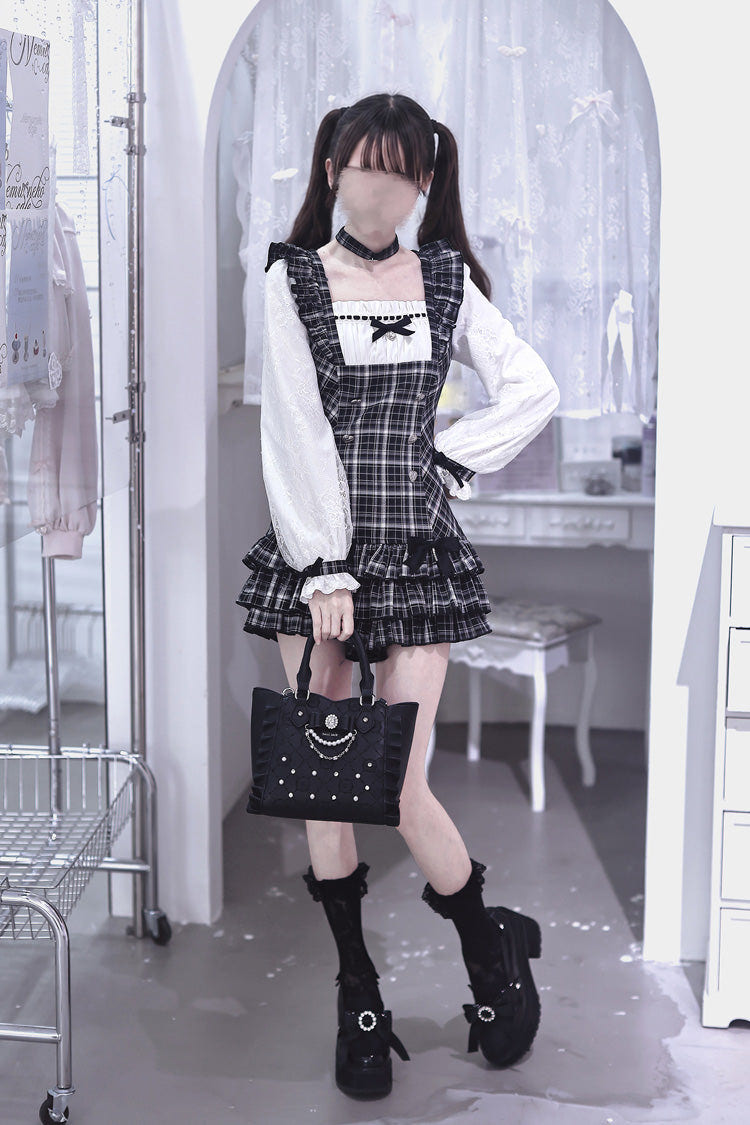 Black/White Square Collar Long Sleeves Jacquard Plaid Printed Ruffled Japanese Vintage Jirai Kei Dress - Product - 6