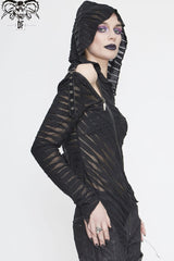 Black Hooded Three-Dimensional Twisted Knitted Inclined Zipper Irregular Hem Women's Punk Shirt - Product - 3