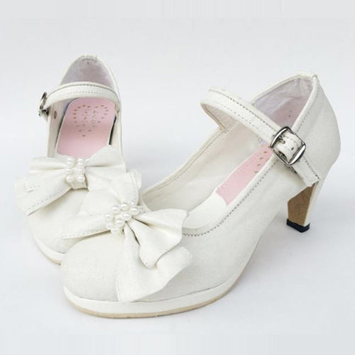 White Pearl Bowknot High Heel Classic Lolita Shoes - White - 1