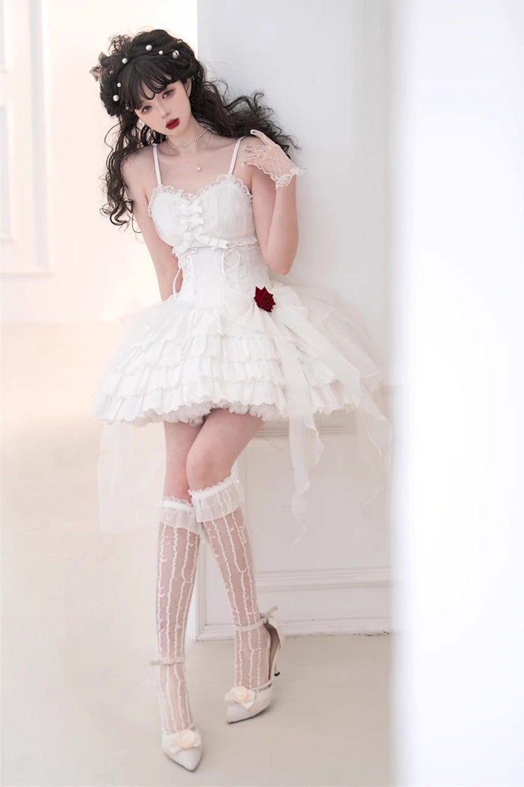White High Waisted Multi-layer Rose Bowknot Lace-Up Gothic Lolita Jsk Dress - Product - 4