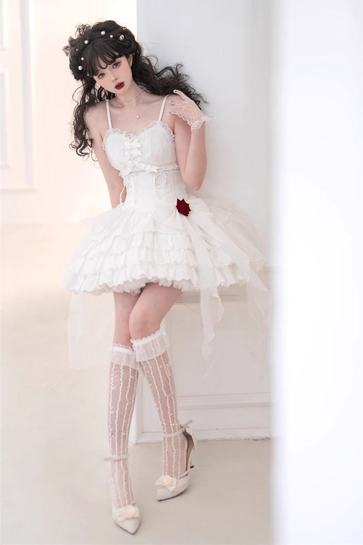 White High Waisted Multi-layer Rose Bowknot Lace-Up Gothic Lolita Jsk Dress - Product - 4