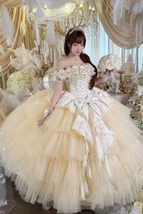 Apricot [Heart’s Beloved Rose] Sleeveless Ruffled Hanayome Bow Lace Lace-Up Sweet Lolita Jsk long Dress - Apricot - 1