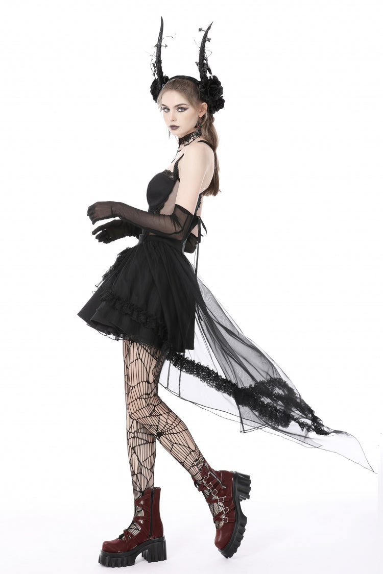 Black Sleeveless Lace-Up Layered Swallowtail Lace Women's Gothic Wedding Dress - Product - 2