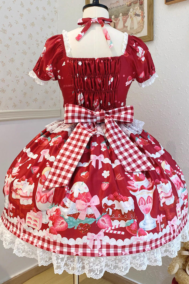 Red [Strawberry Parfait] Print Short Sleeves Ruffle Bowknot Lace Lace-Up Sweet Lolita Dress - Product - 4
