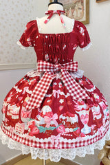 Red [Strawberry Parfait] Print Short Sleeves Ruffle Bowknot Lace Lace-Up Sweet Lolita Dress - Product - 4