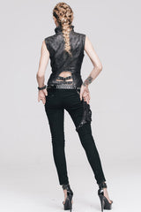 Black/Silver Big Opening Chest Wave Collar Hand Rubbed Leather Women's Punk Vest - Product - 10