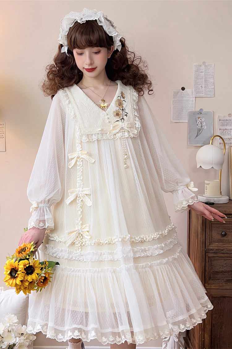 Ivory [Sunflower Diary] Long Sleeves Ruffle Embroidery Bowknot Lace Chiffon Sweet Princess Lolita Dress - Product - 9