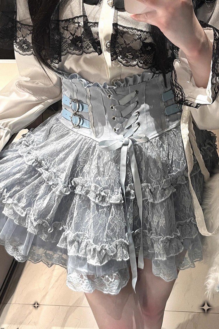 [Rose Palpitations] High Waisted Ruffle Lace Sweet Jirai Kei Skirt 4 Colors - Blue - 1