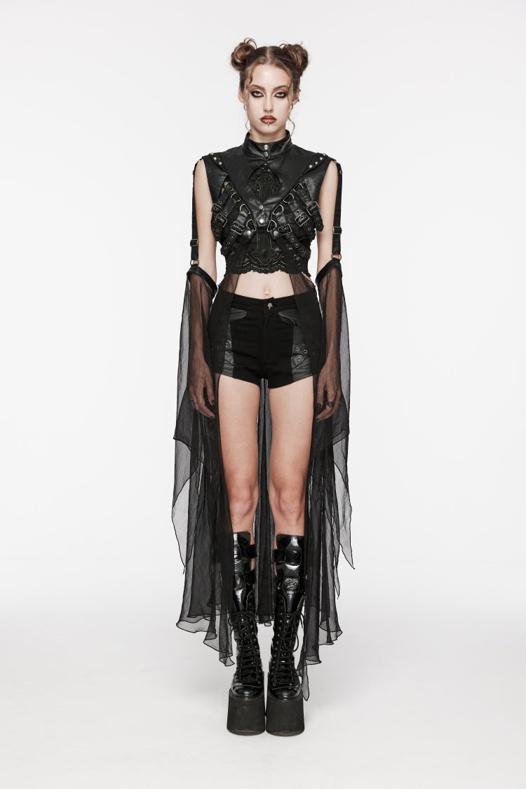 Black Stand Collar Sheer Women's Punk Removable Cape - Black - 1