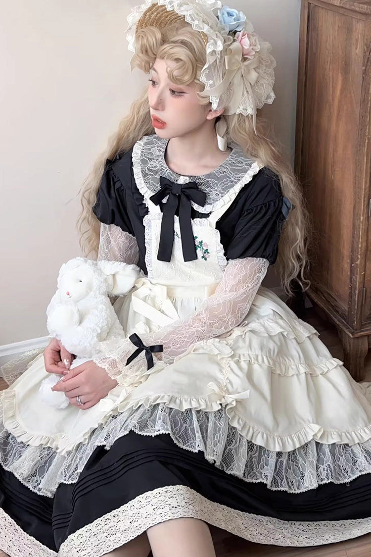 Black [Mist over Flowers Along the Path] Lapel Collar Long Sleeves Embroidery Bowknot Lace Sweet Lolita Dress - Product - 2