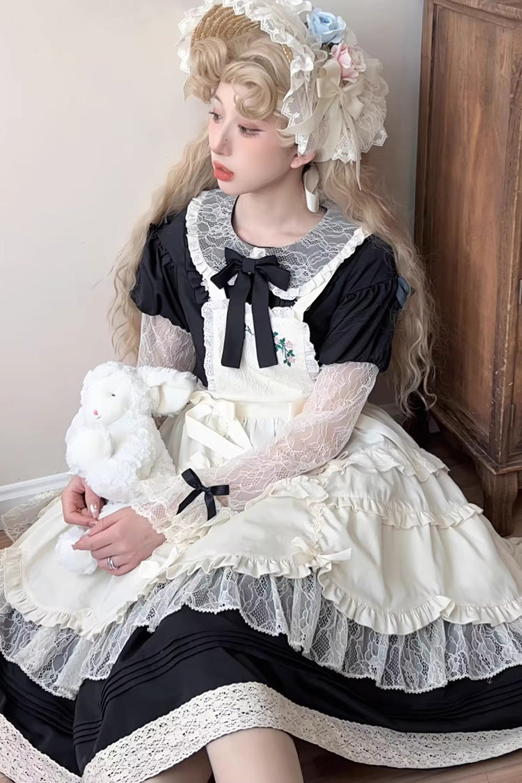 Black [Mist over Flowers Along the Path] Lapel Collar Long Sleeves Embroidery Bowknot Lace Sweet Lolita Dress - Product - 2