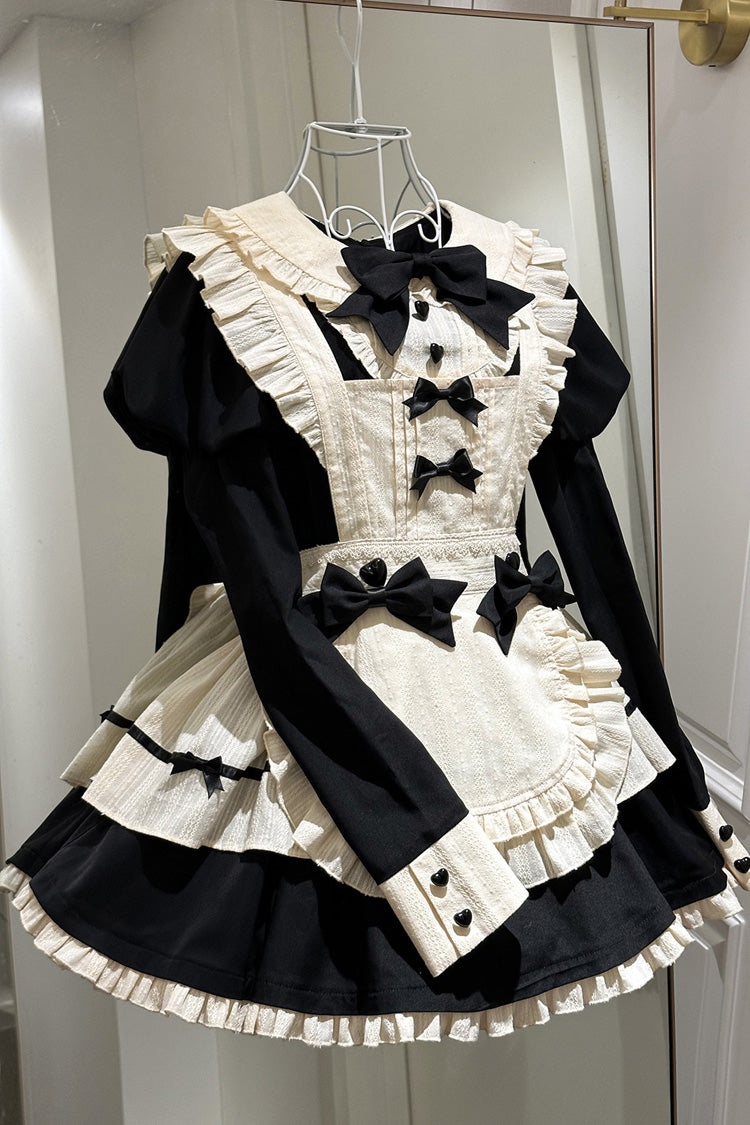 Black Lapel Collar Short Sleeves Ruffled Bow Sweet Elegant Maid Halloween Lolita Dress - Product - 6