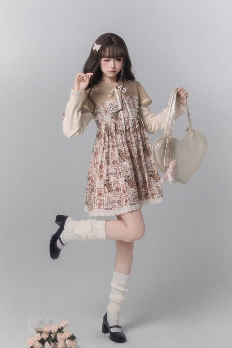 Brown [Bear Stamp] Long Sleeves Printed Hooded Sweet Lolita Dress - Product - 8
