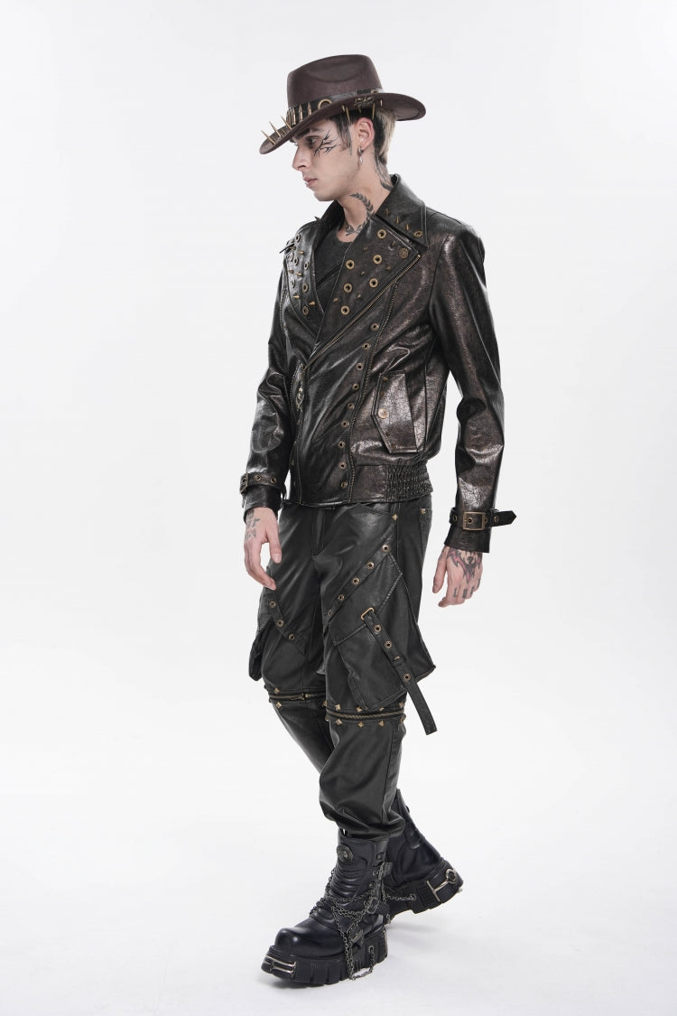 Brown Lapel Collar Long Sleeves Asymmetric Studded Zippered Pleated Eyelet Men's Punk Jacket - Product - 8