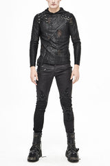Black Broken Holes Knit Shoulder Lace-Up Irregular Hem Hooded Men's Punk T-Shirt - Black - 1