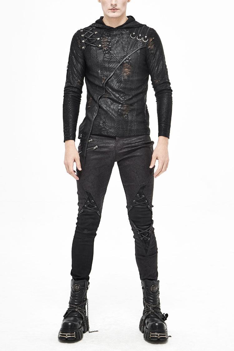 Black Broken Holes Knit Shoulder Lace-Up Irregular Hem Hooded Men's Punk T-Shirt - Black - 1