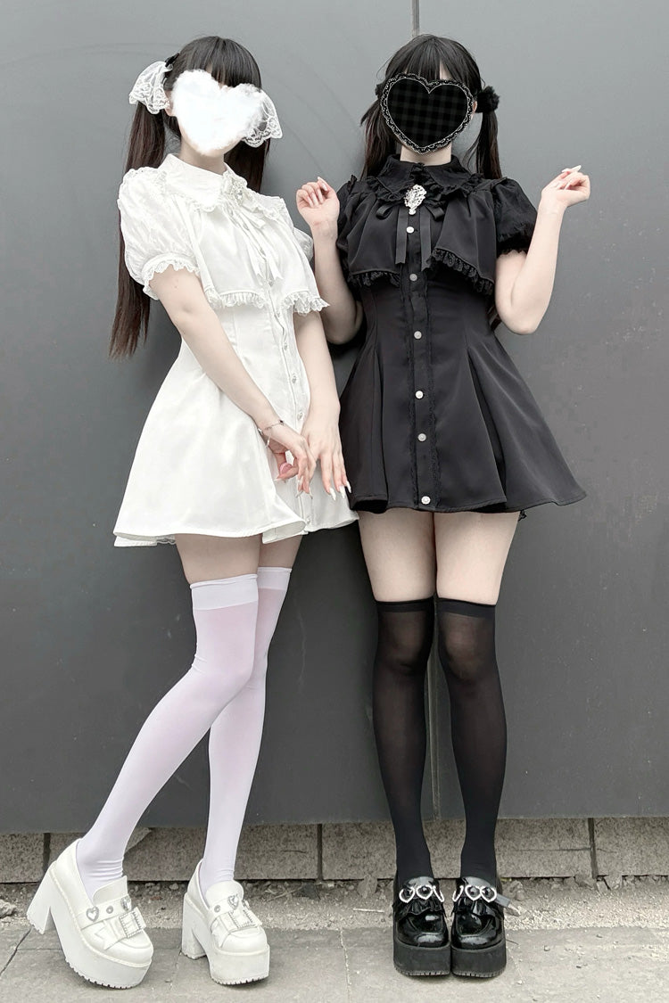 Jirai Kei Lapel Collar Short Sleeves Lace Dress 3 Colors - Black - 1