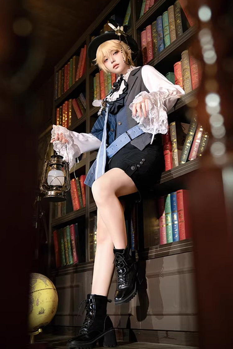 White/Grey/Blue [Age of Machines] Bow Asymmetric Punk Prince Ouji Lolita Shorts Vest Cloak Set - Product - 9