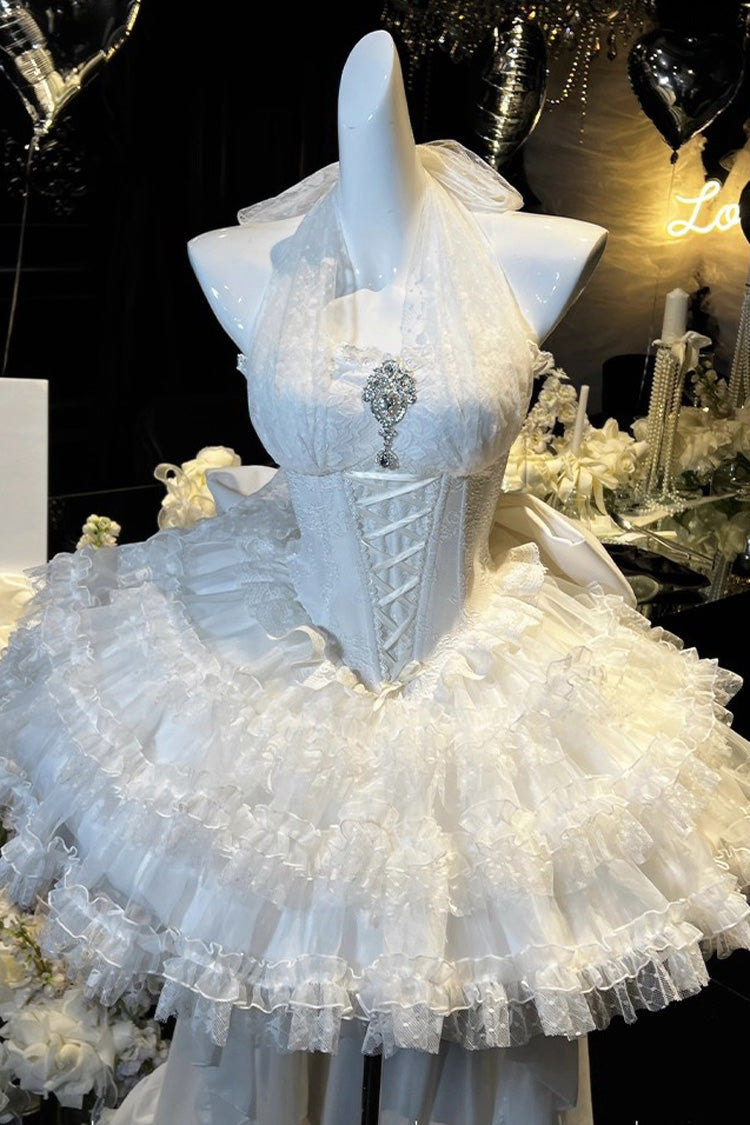 White [Dream] Halterneck Sleeveless Triple-Layered Ruffle Hanayome Lace Lace-Up Sweet Princess Lolita Dress - Product - 7