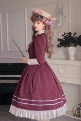 British Girl Long Sleeves Striped Print Ruffle Sweet Elegant Lolita Dress 2 Colors - Product - 4