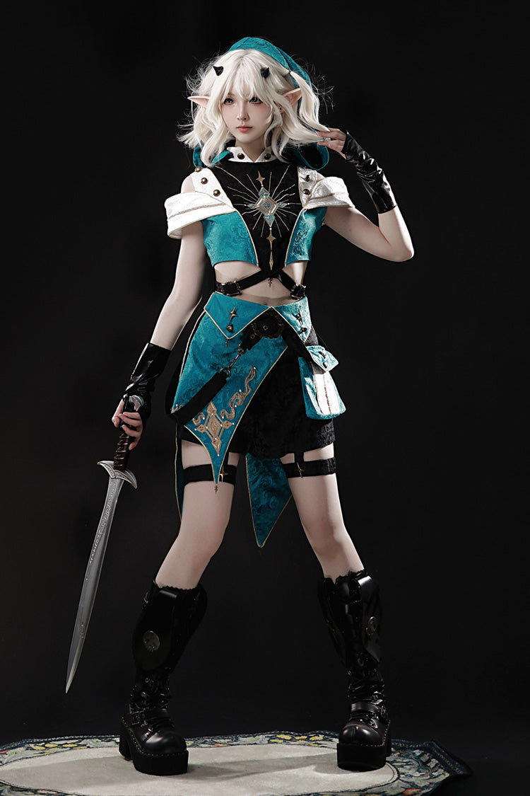 Blue/Green [Traveler’s Outfit] Print Embroidery Hooded Ouji Fashion Sweet Handsome Lolita Set - Product - 4