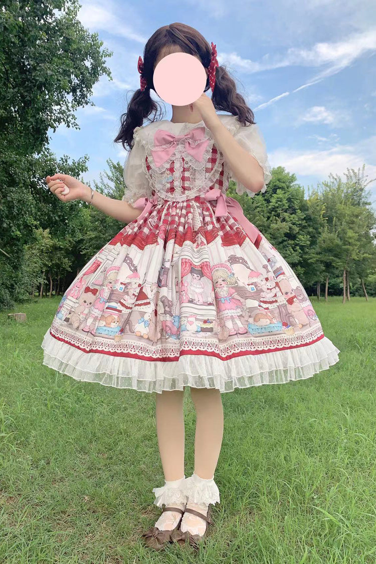 Red Plush Bear and Doll Print Ruffle Bowknot Lace Sweet Lolita Jsk Dress - Red - 1
