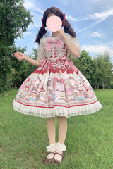 Red Plush Bear and Doll Print Ruffle Bowknot Lace Sweet Lolita Jsk Dress - Red - 1
