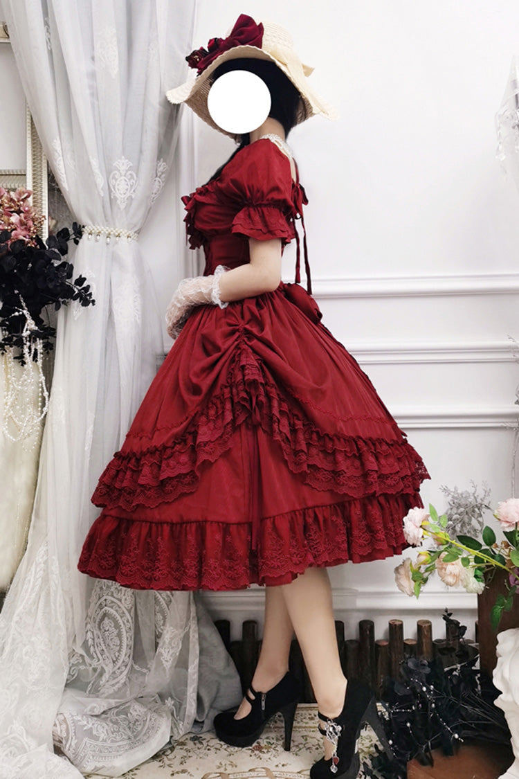 Red Short Puff Sleeves Multi-Layered Ruffle Bowknot Classic Vintage Lolita Dress - Product - 12