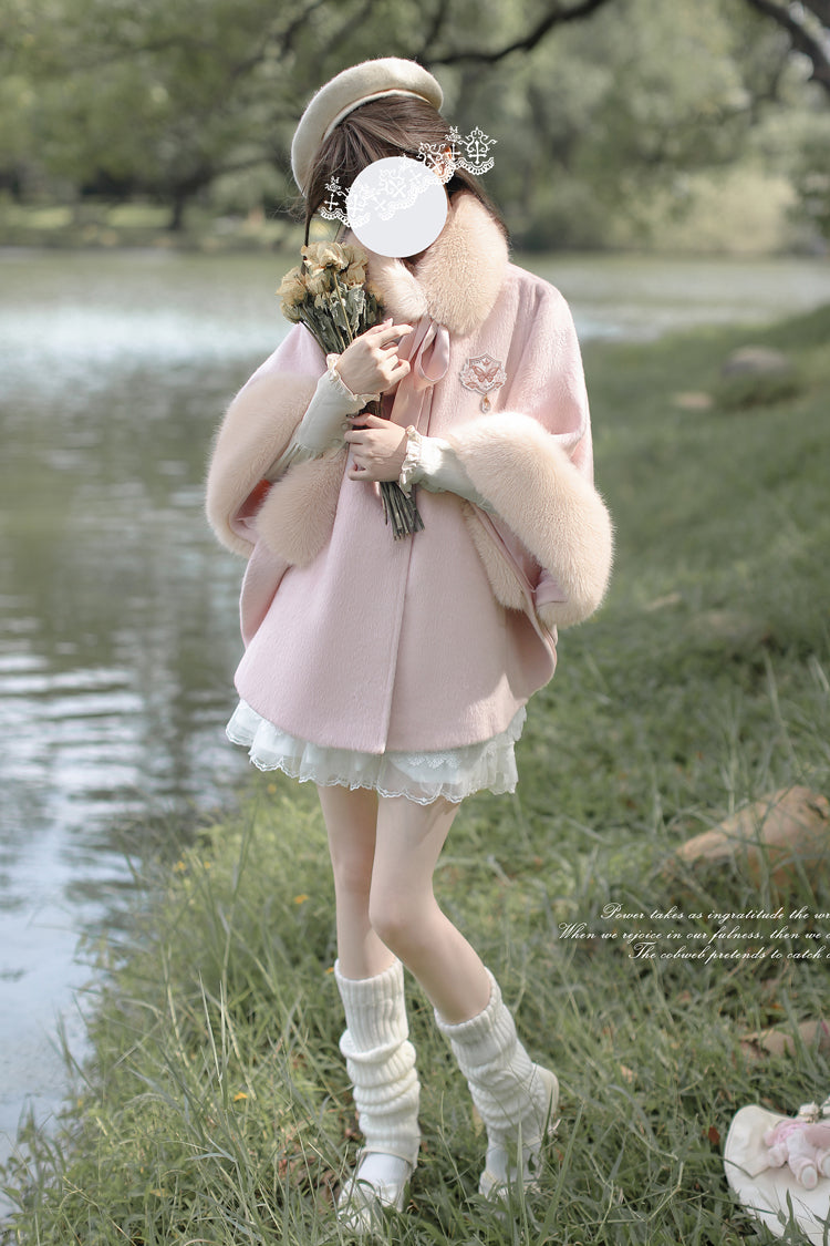 Pink Long Sleeves Lace Sweet Japanese Lolita Fluffy Cloak Coat - Product - 4