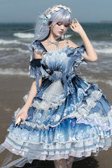 Blue [Jellyfish] Gradient Print Ruffle Embroidery Bowknot Lace Asymmetric Sweet Elegant Lolita Jsk Dress - Product - 7