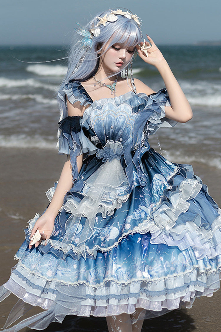 Blue [Jellyfish] Gradient Print Ruffle Embroidery Bowknot Lace Asymmetric Sweet Elegant Lolita Jsk Dress - Product - 7
